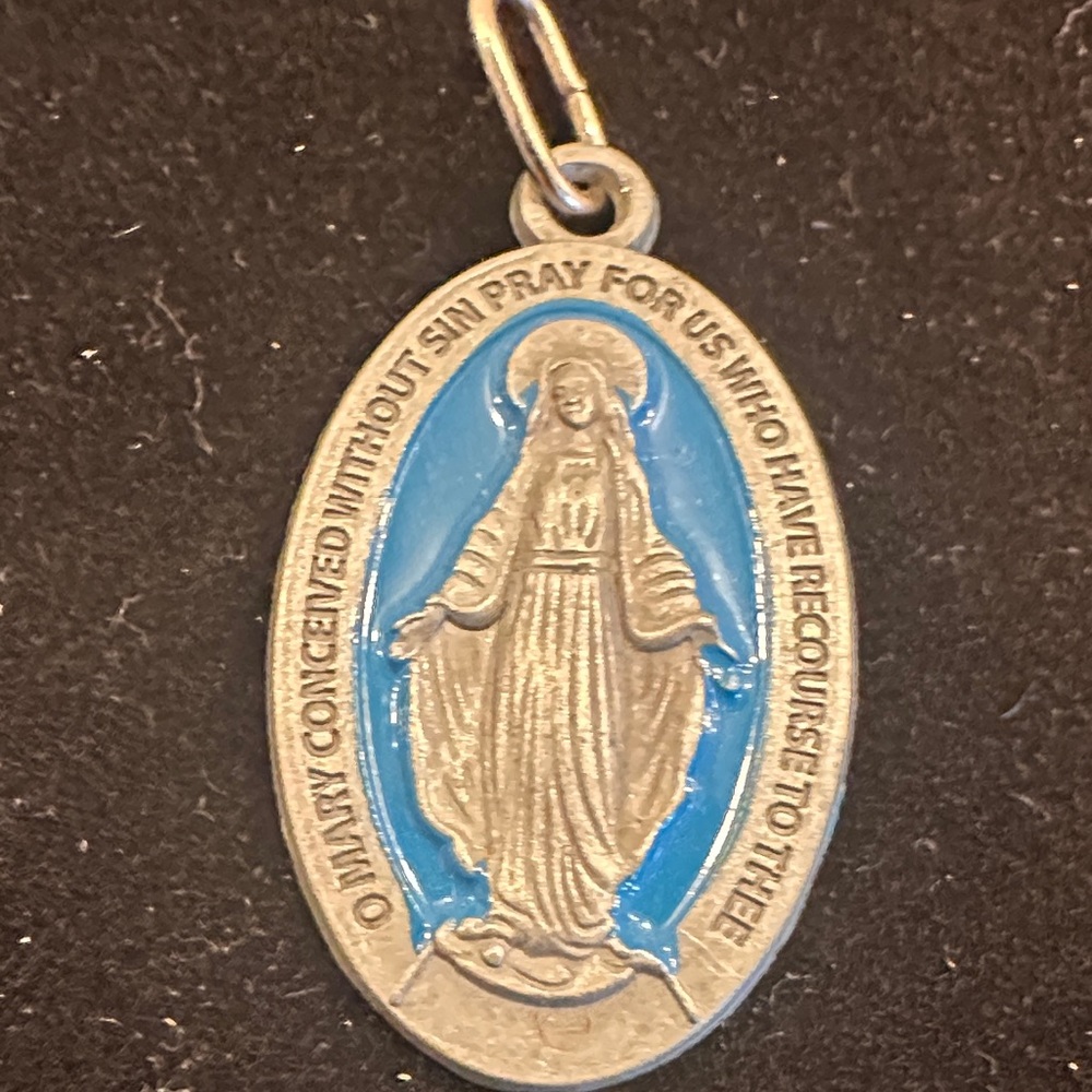 Vintage Blue Enamel Miraculous Medal – 1.25" – Silvertone